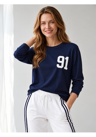 Nealirsanall.com Kadın "91" Baskılı Uzun Kollu İnce Sweatshirt / Body Lacivert