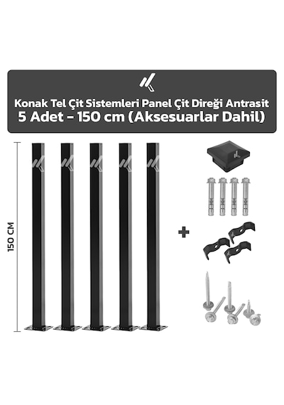 5 Adet Panel Çit Direği 150 CM Antrasit + Aksesuarlar