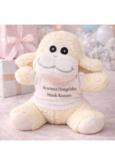 Aramıza Hoşgeldin Minik Kuzum Tişörtlü Sevimli Peluş Kuzu Krem