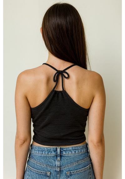 Elmoda Günlük Kullanıma Uygun Esnek Dokulu Askılı Crop Top Siyah Siyah
