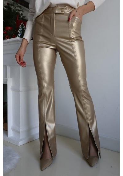 Paçası Yırtmaçlı Deri Pantolon - Gold Renk-400 Sarı