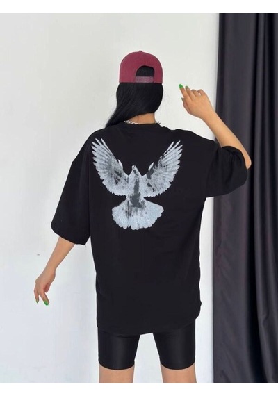 Flood Of Style Unisex Siyah Güvercin Baskılı Oversize