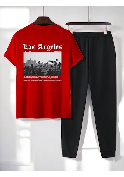 Uyguntarz Unisex Los Angles Baskılı 2'li Eşofman Takımı Kırmızı