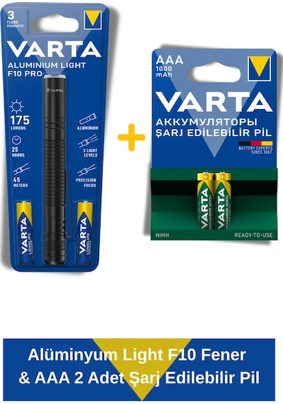 Aluminyum Light F10 Fener & Power Şarj Edilebilir İnce Kalem Pil 1000mah Aaa 2 Adet Siyah