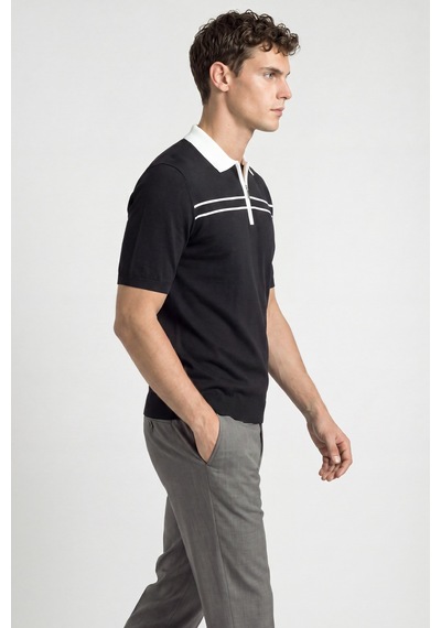Sabri Özel Siyah Regular Fit Fermuarlı Polo Yaka Örme Triko T-shirt