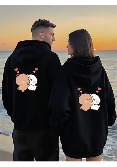 Nevermind Romantik Çift Sweatshirt Sevimli Ayıcık Desenli Oversize Kapüşonl Siyah