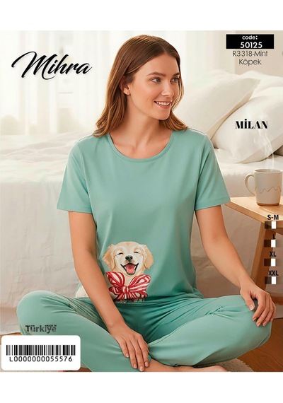 Mihra Kadın Milan Bisiklet Yaka Kısa Kol Likralı Pijama Takımı 50125y - 1 Adet Yeşil