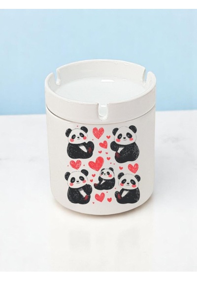 Panda Ve Kalp Baskılı 3'lü Seramik Küllük Kül Tablası - Erkek Kadın Için Doğum Günü Hediyesi