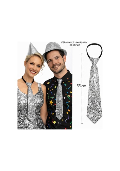 Gümüş Renk Pul Payetli Işıltılı Parti Kravatı Ilkeshop - 25 33 Cm
