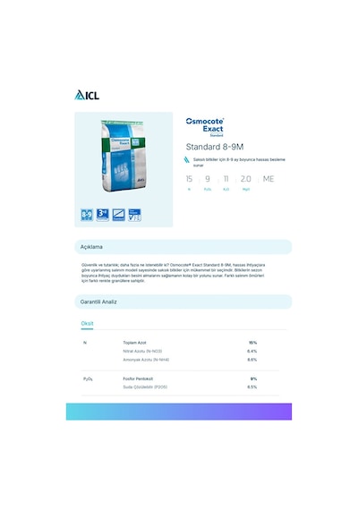 Osmocote Exact Standard 15-9-11 + 2mgo + Te 8-9 Ay Kontrollü Salınımlı Gübre 1 Kg 50 G