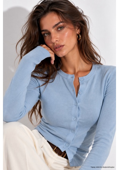 Wild Bee Kadın İndigo Pamuklu Vücudu Saran Düğmeli Basic Hırka Bluz Indigo