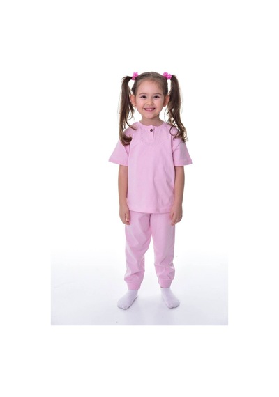 %100 Pamuk Penye Kumaş Düğmeli Sade Terletmeyen Kız Çocuk Yazlık Pijama Takımı Pembe