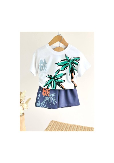 Eray Alp Kids Erkek Çocuk Baskılı Tişört Şort Takımı Yazlık Günlük Model Beyaz