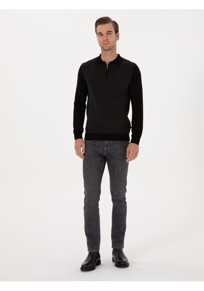 Cacharel Siyah Slim Fit Pamuk Karışımlı Fermuarlı Polo Yaka Triko Kazak
