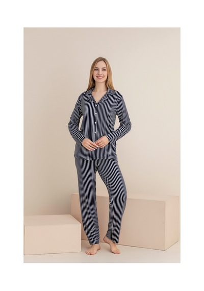 Rindahomewear Kadın Lacivert Beyaz Çizgili Desenli Milan Örme Lizbon Düğmeli Pijama Takımı Lacivert Çizgili