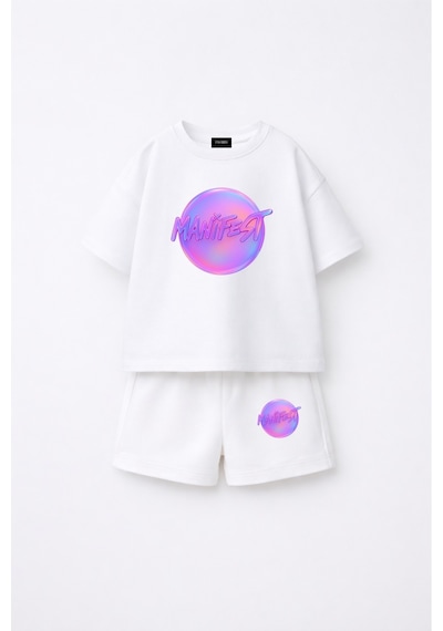 Fasardi Manifest Girls Logo Baskılı Oversize %100 Pamuk Tişört Şort 2li Çocuk Takım Beyaz