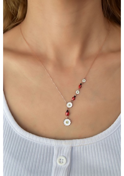 Papatya Silver 925 Ayar Gümüş Rose Kaplama Papatya ve Uğur Böceği Akışlı Kolye