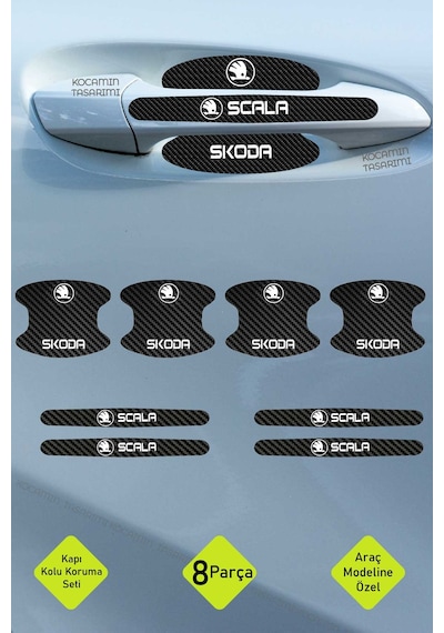 Karbon Dokuya Sahip Skoda Scala Kapı İçi Kolları Koruma Seti Şık Beyaz Yazı Detaylı 8 Parça Ürün