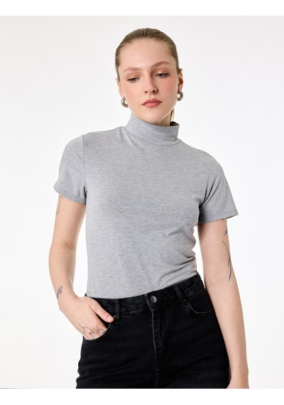 Koton Slim Fit Kısa Kollu Dik Yaka Tişört Gri 6sak50329ek Gri