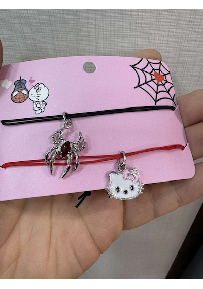 Hello Kitty Örümcek Adam İkili Çift Renkli Tasarım 925 Ayar Gümüş Renkli