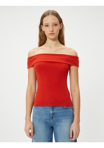 Koton Madonna Yaka Tişört Açık Omuz Slim Fit Kırmızı 4sal30206ık Kırmızı