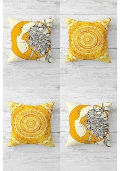 Pelangi Batik Desenli Ay Ve Güneş Kız Tema Gizli Fermuarlı Kırlent Kılıfı Koltuk Yastık Kılıfı Takım 4adet Çok Renkli