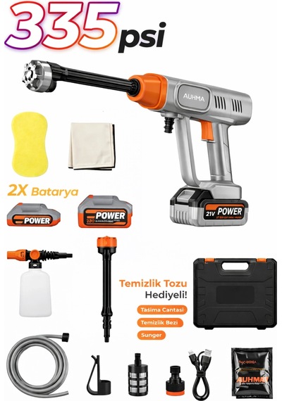 Auhma Acr-05 Şarjlı Basınçlı Oto Yıkama Makinesi - 21v Çift Bataryalı Full Aksesuar Setli