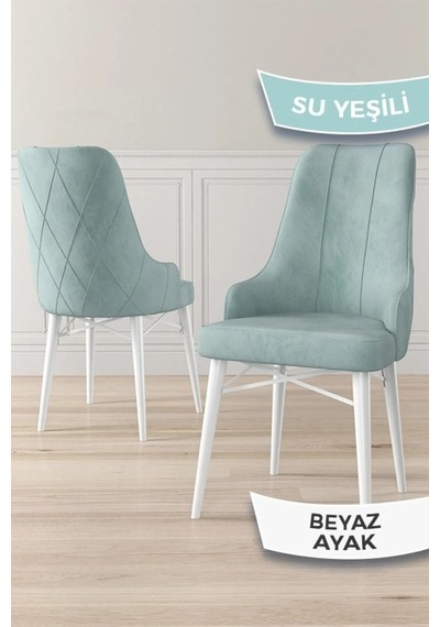 Canisa Neta Serisi 1.sınıf Babyface Kumaş Sandalye Beyaz Gürgen Ayak 6 Adet Su Yeşili Sandalye Bej