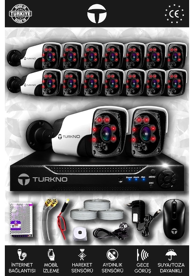 Turkno 16 Kameralı Pania 16 Dış Kamera Set HDD'siz Full HD Gece Görüşlü Güvenlik Kamerası Sistemi