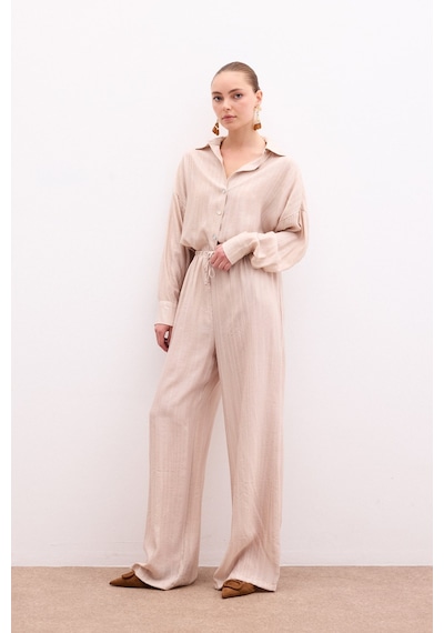 Sateen Bel Lastikli Pantolon - Bej-136111 Bej