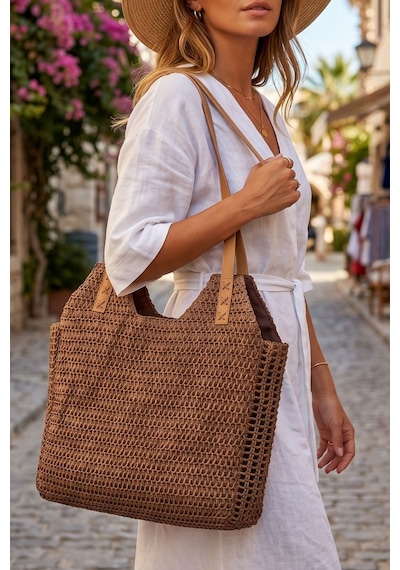 Vivazzaluxe The Artisan Model Büyük Boy Deri Askılı Yazlık Hasır Kadın El & Omuz Çantası Acı Kahverengi
