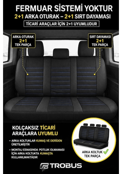 Ford Kuga 2017-2019 2+1 Uyumlu Deri Koltuk Kılıfı Jetdrive Serisi Siyah Mavi