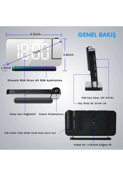 Etashop Rgb Projeksiyonlu Çalar Saat -7ayna Led Dijital Saat Tavana Zaman Yansıtma Usb & Type C Şarj Siyah