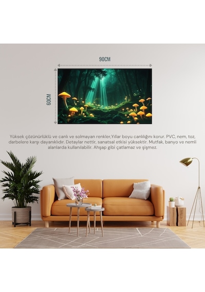 Doğa Ve Manzara Yatay Parlayan Mantarlar Ve Büyülü Işık Huzmeleri Mistik Orman 04 Çerçevesiz 90x60cm Pvc Tablo