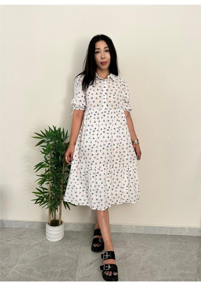 Simli Moda Çiçek Desenli Ekru Elbise Ekru