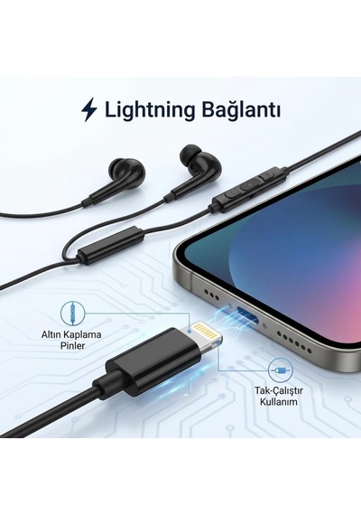 Dijital Mikrofonlu Kablolu Kulaklık Lightning Bağlantılı İphone & İpad Uyumlu Stereo Kulakiçi Kulaklık