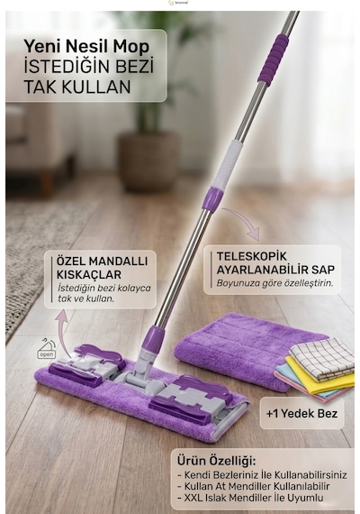 Mandallı Mop Full Temizlik Seti 2 Adet Mikrofiber Bezli Pratik Yer Temizleme Mopu