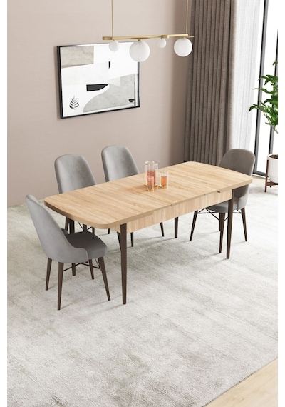 Sar Pakete Almira Serisi, Meşe Desen 80x132 Açılabilir Mdf Mutfak Masası Takımı 4 Adet Sandalye Gri Sar Pakete Almira Serisi, Meşe Desen 80x132 Açılabilir Mdf Mutfak Masası Takımı 4 Adet Sandalye Gri