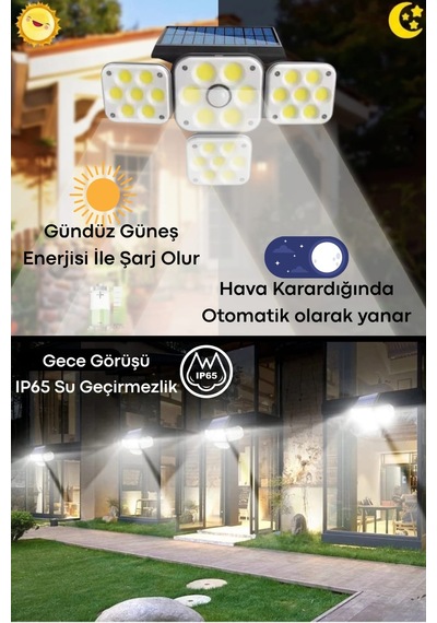 Technosmart 180 Led 4 Başlıklı Solar Hareket Sensörlü Bahçe Duvar Lambası 270 Ip65 2400 Mah