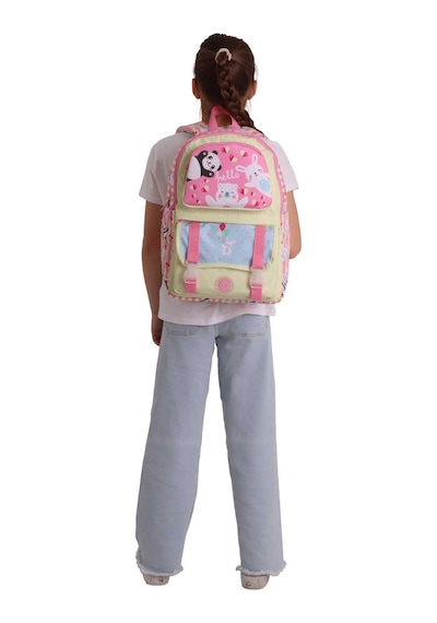 Kaukko Kids Dört Bölmeli Kız Çocuk Hello Baskılı Sarı - Pembe Okul Sırt Çantası - L5308 Çok Renkli