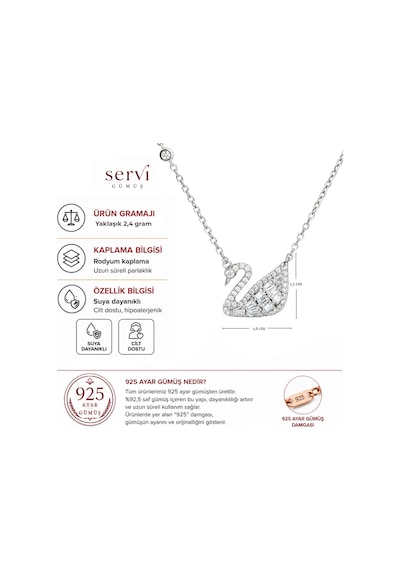Servi 925 Ayar Gümüş Zirkon Taşlı Zarif Kuğu Kolye-443