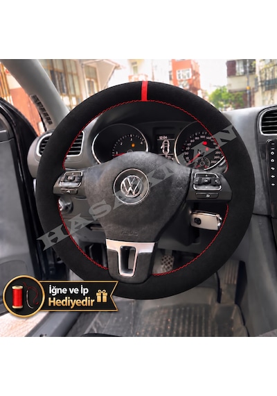Vw Caddy 3 Dikme Direksiyon Kılıfı Full Alcantara Süet Kırmızı Yüzük Ve Kırmızı Dikiş 2010-2015 Siyah