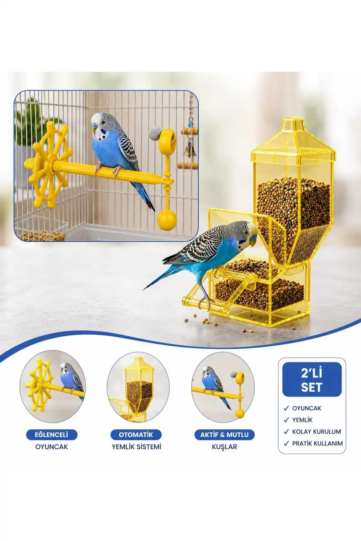 Yeni Nesil Akıllı Kuş Yemliği Ve Zilli Kuş Oyuncağı Sarı