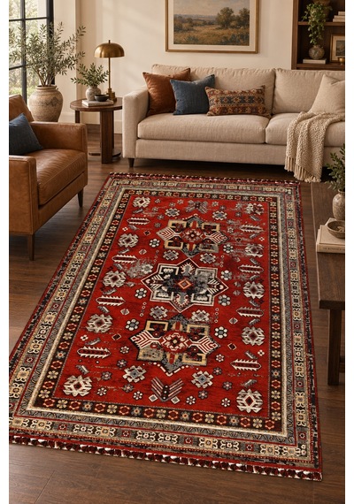 Gireh Firuze Nostaljik Kırmızı Robot Süpürge Uyumlu Oturma Odası Salon Saçaklı Kilim Dokulu Hali