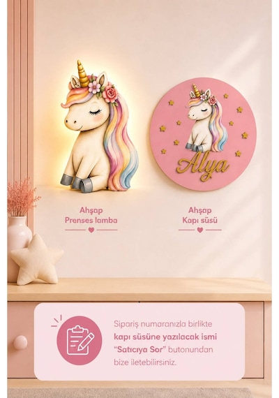 Ahşap Unicorn İsme Özel Pilli Ledli Gece Lambası Ve Unicorn Ahşap Kapı Süsü Seti Bebek Çocuk Odası Pembe