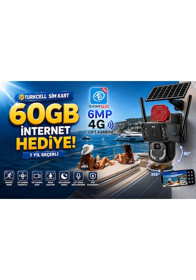 O-kam 3815 4g 6mp Dual Lens Güneş Panelli Solar Sirenli Güvenlik Kamerası 60gb İnternet 12ay 5gb