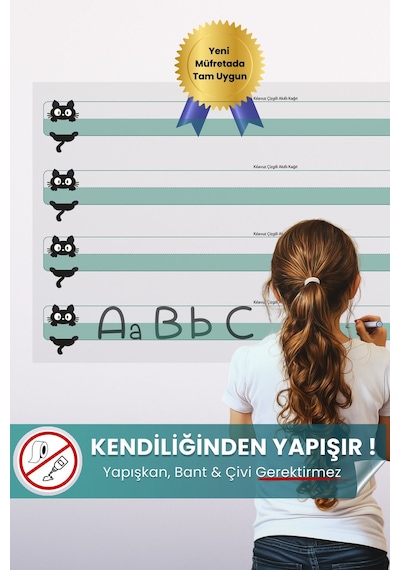 Kedili Kılavuz Çizgili Yazı Tahtası, Yeni Müfredata Uygun, İz Bırakmayan Sihirli Akıllı Kağıt Tahta Şeffaf - Yeşil