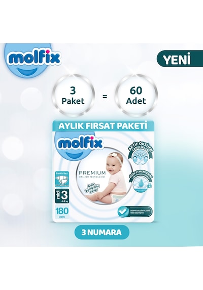Molfix Premium Aylık Fırsat Paketi 3 Beden 180 Adet 3 Numara 3'lü