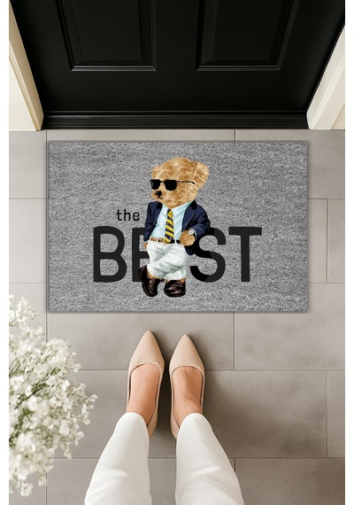 Rugmood Modern Dijital Baskı Paspas - Ayıcık The Best - Kapı Önü Paspası 70x45cm Gri