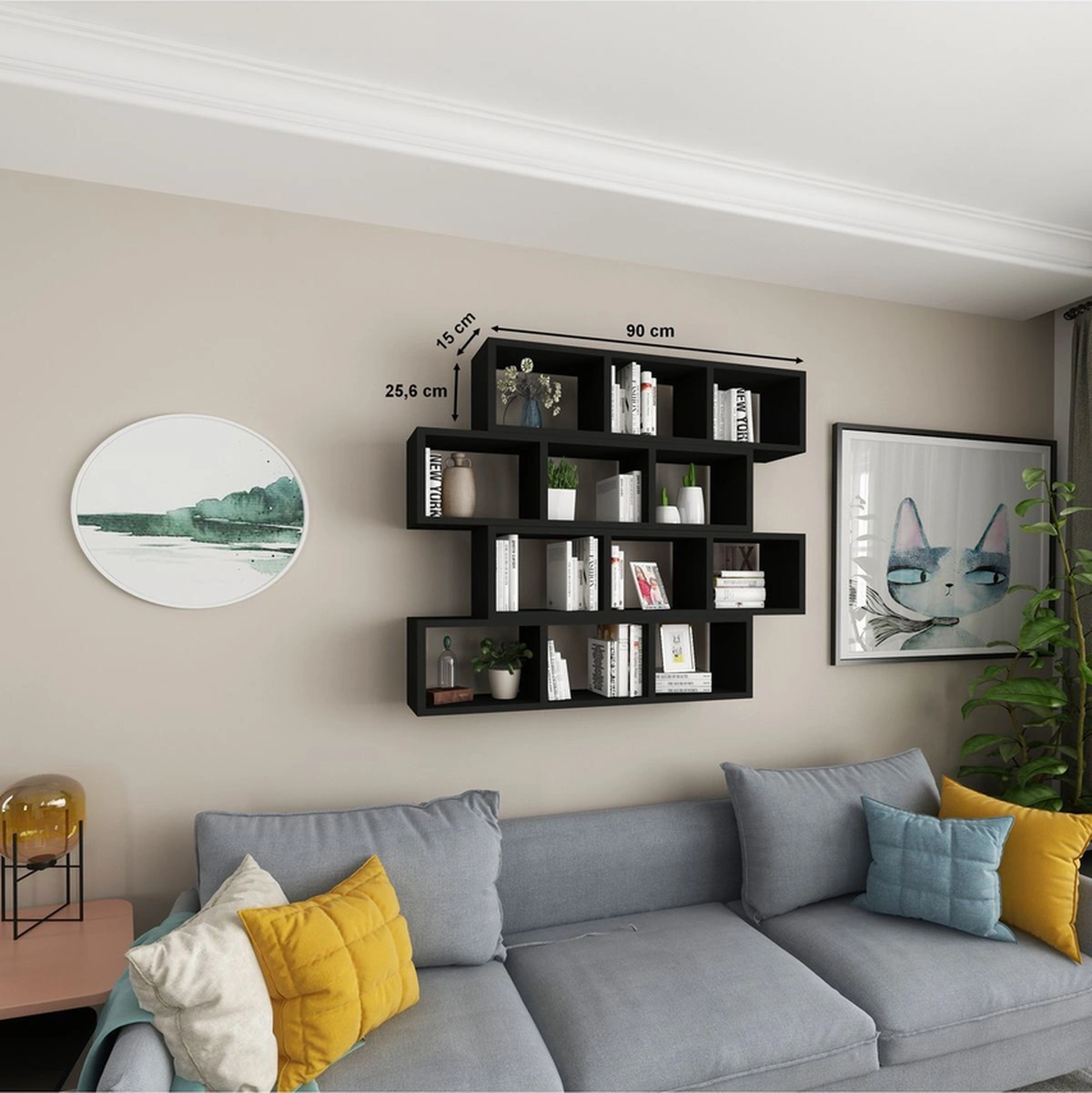 Kitaplık Modern Duvar Rafı Salon Yatay 4 Lü Takım Siyah Siyah